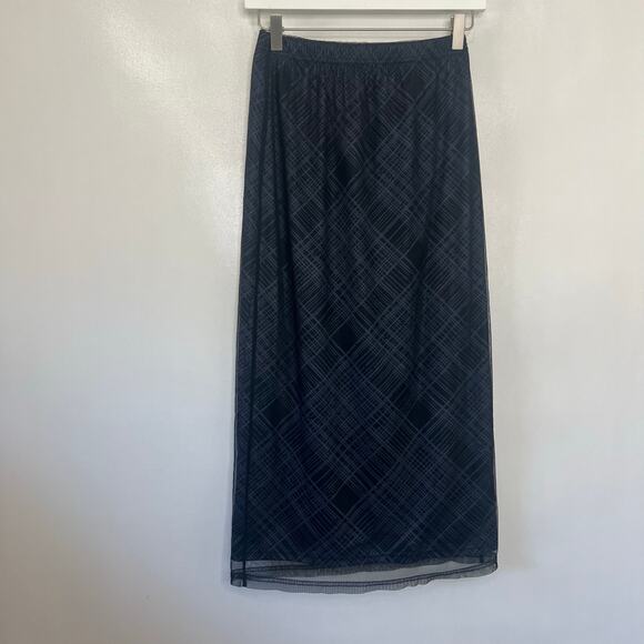 Dazy Shein Women's A-Line Sz M Navy Blue Check Mesh Stretch Midi Skirt Whimsgoth - Picture 3 of 9